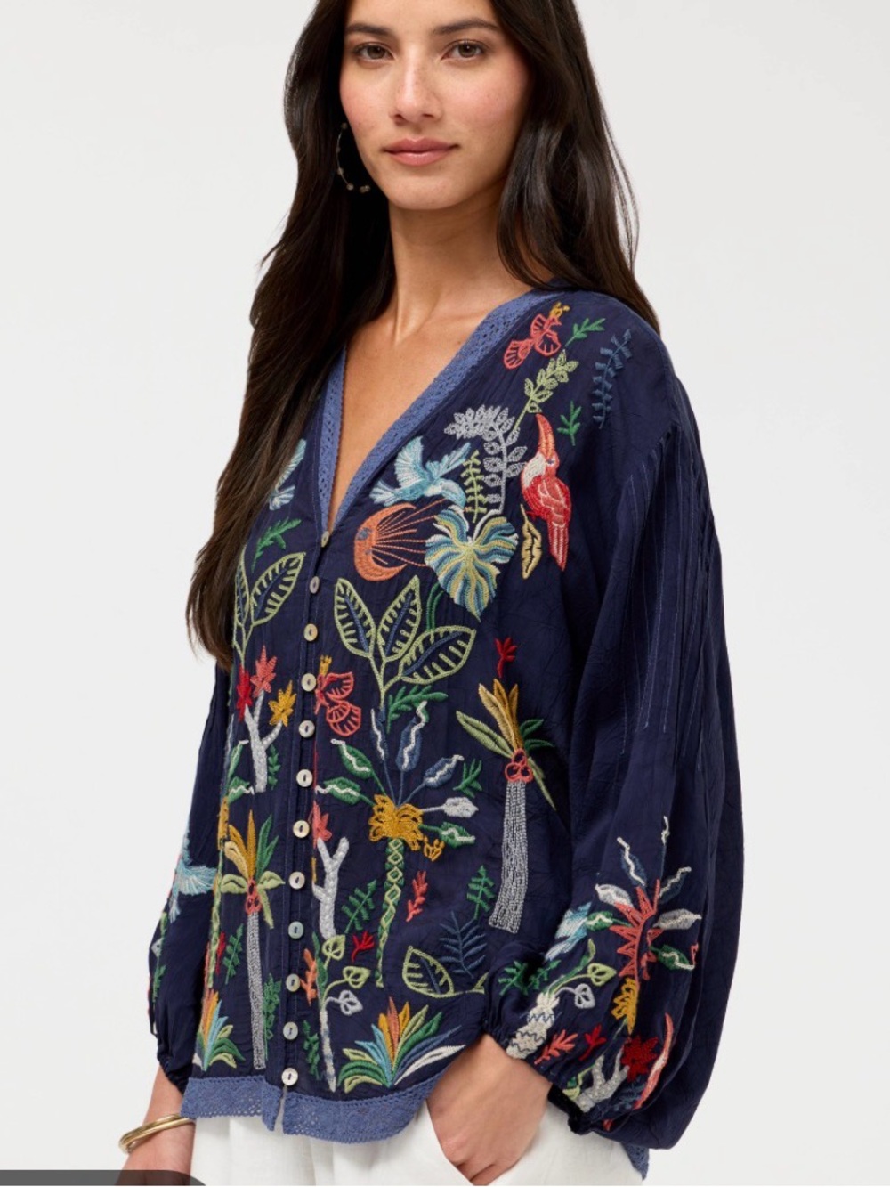 Johnny Was Luna Navy Embroidered Tassel-Front Top Shirt NWT M coquette Girl